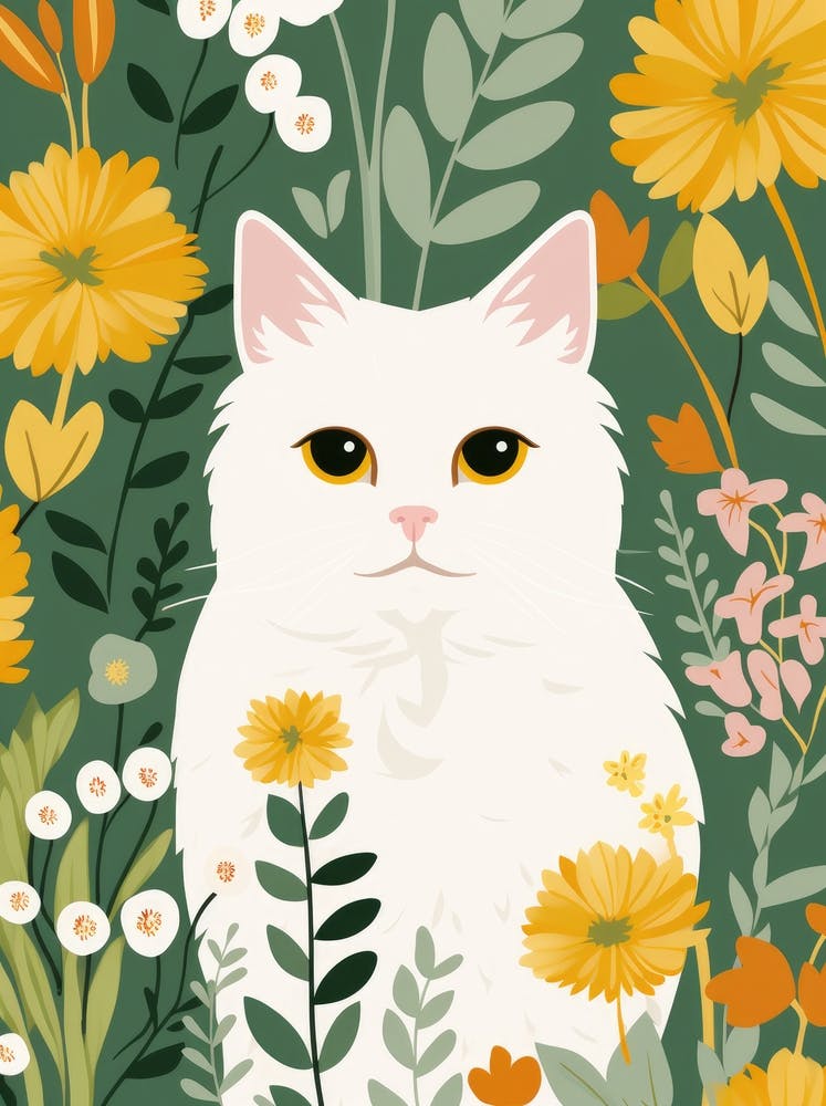 White Cat In Flowers 1