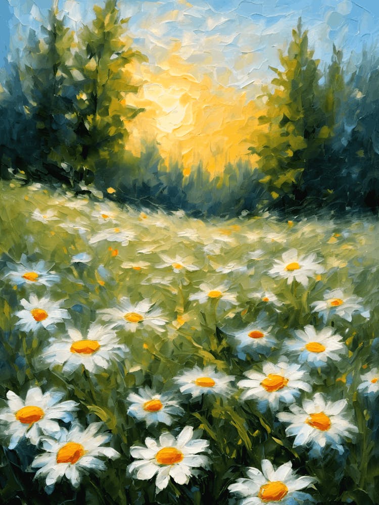 Marguerites dans la Prairie ~ Peinture à l'Huile Estivale Paysage de Campagne Estival Vibrant Décor Mural Caractéristique - Botanique