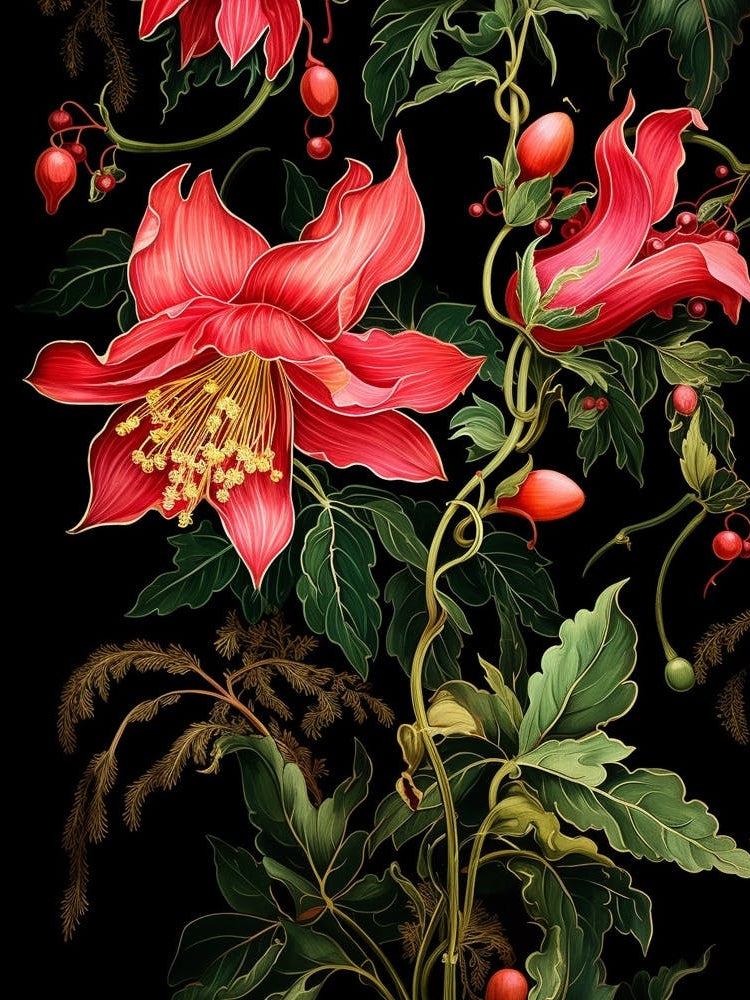 Christmas Cactus 4 William Morris Style Winter Florals