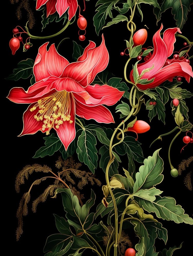 Christmas Cactus 4 William Morris Style Winter Florals