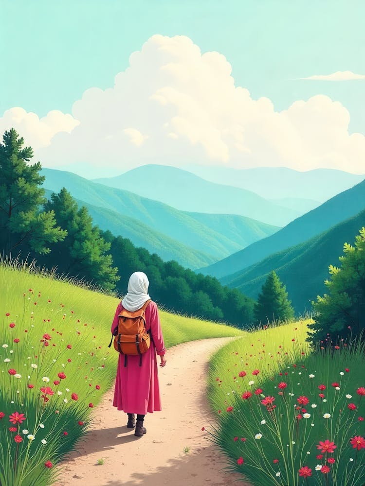 Muslim Girl Walking In The Mountains