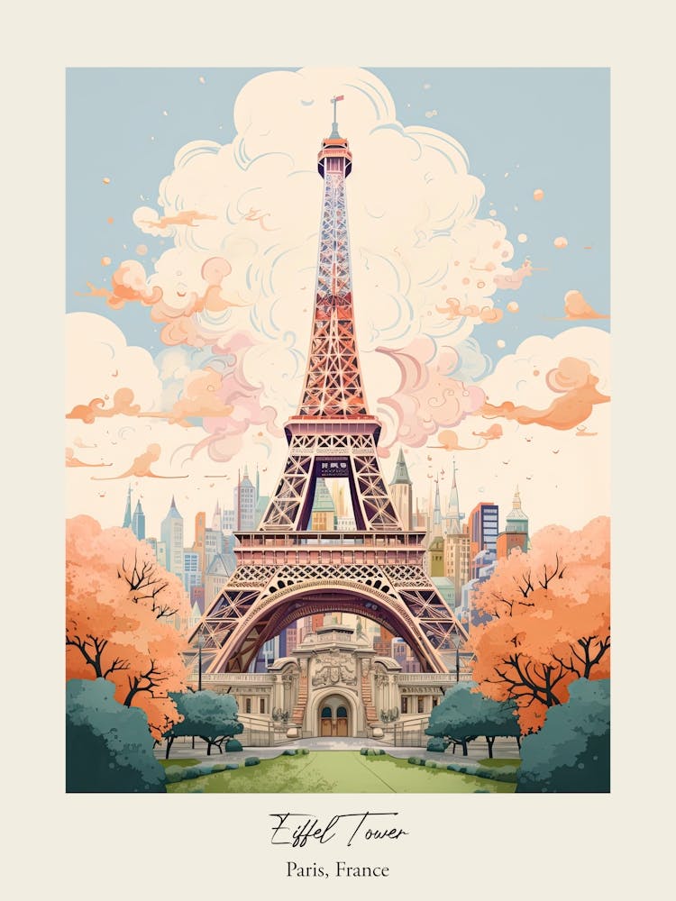 Eiffel Tower   Paris, France   Cute Botanical Illustration Travel 1 Poster