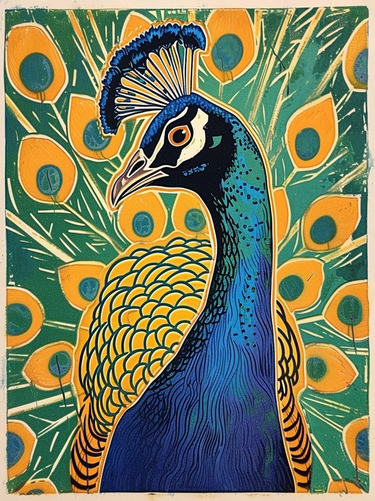 Blue Mustard Linocut Inspired Peacock Feather 5
