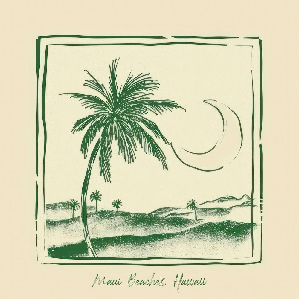 Maui Beaches, Hawaii Green Line Art Illustration