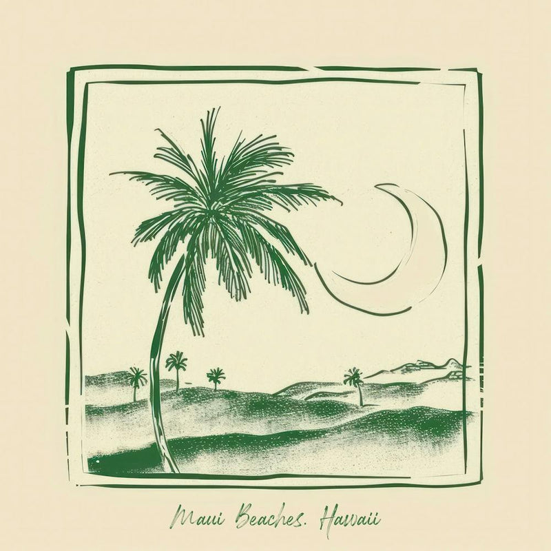 Maui Beaches, Hawaii Green Line Art Illustration
