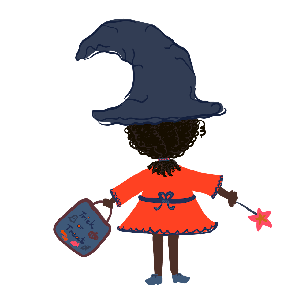 Little witch character with trick or treat bag, wizard hat and magic wand with black curly hair
