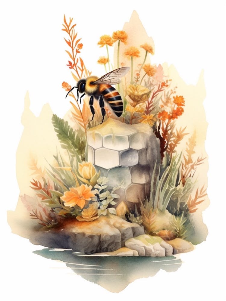 Flowering Plants Bee Beehive Watercolour Illustration 3