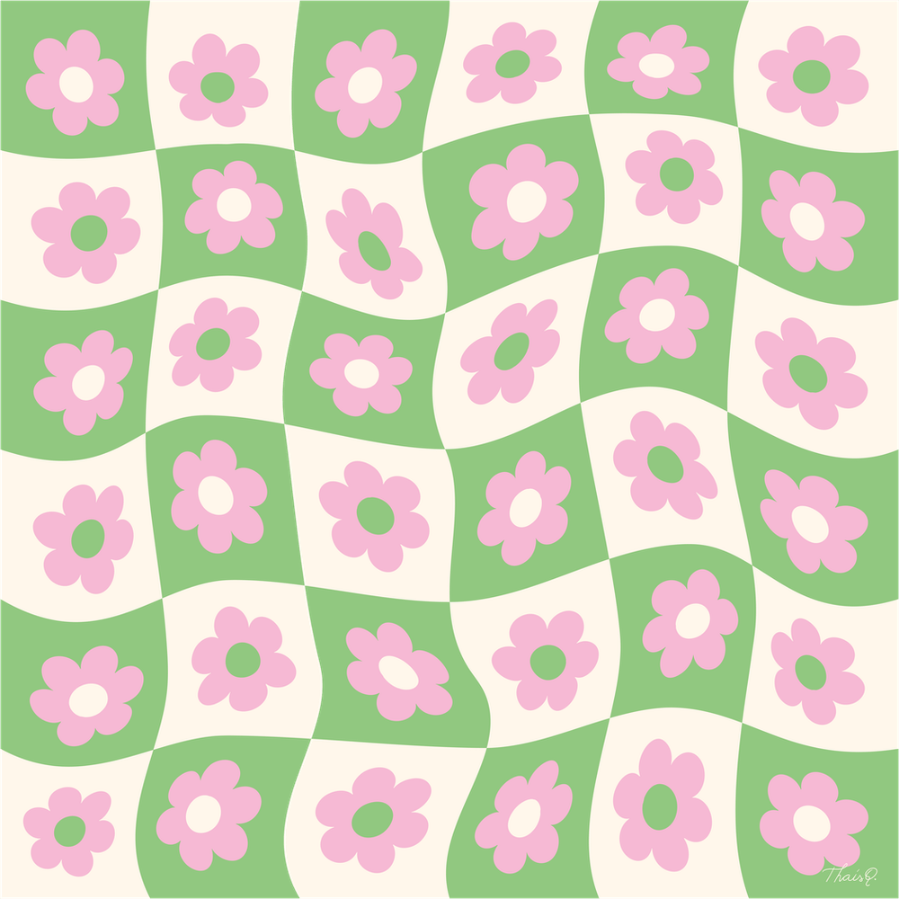 Pink Checkered Flowers On Wavvy Green and White Squares