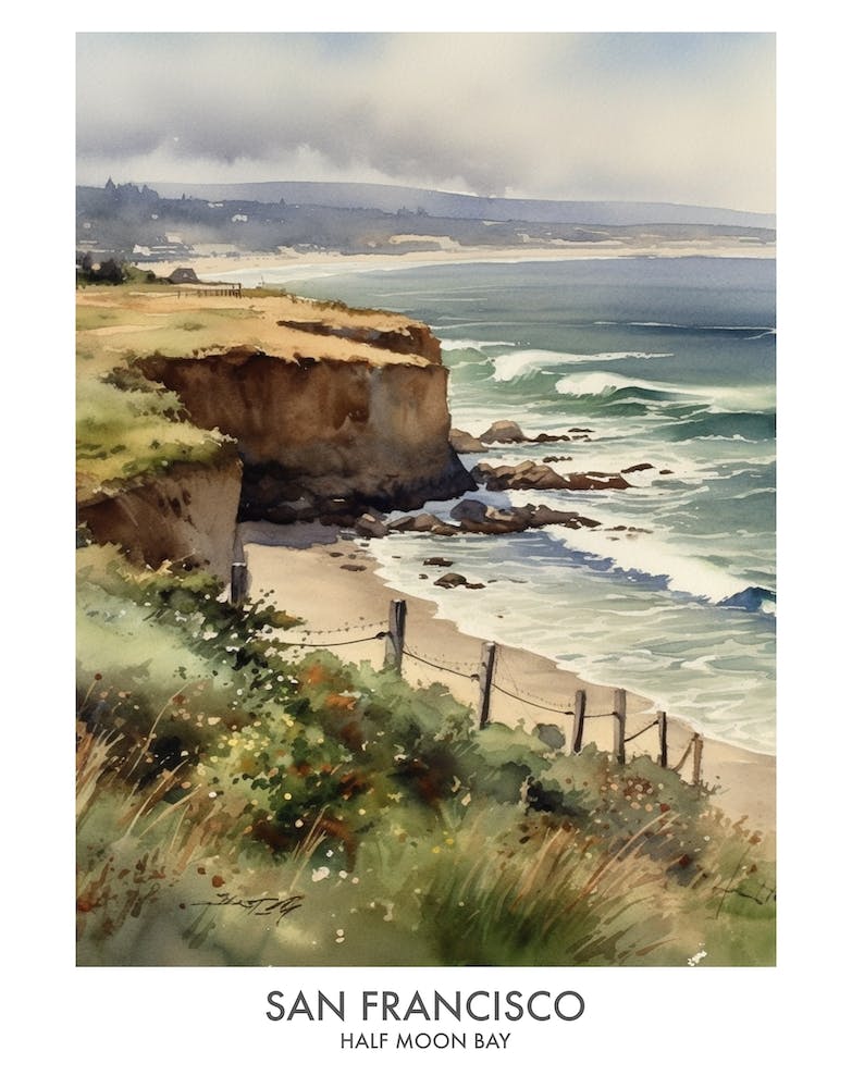 Half Moon Bay, San Francisco 2 Watercolor Travel Poster