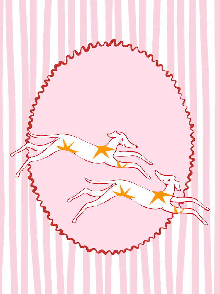 Greyhound dogs against striped background