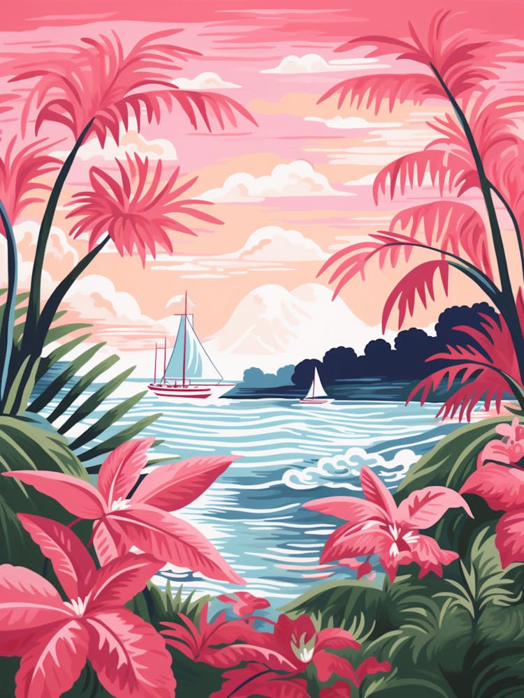 An Illustration In Pink Tones Of  Of Sailboats And Fern Vines 2