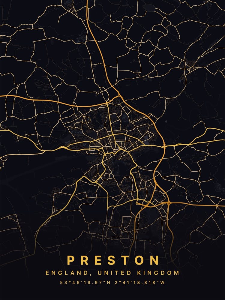 Preston England Black And Gold Map
