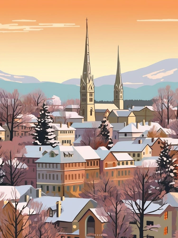 Vintage Winter Travel Illustration Geneva Switzerland 2