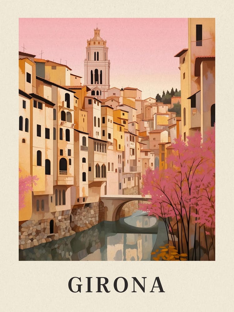 Girona Spain 1 Vintage Pink Travel Illustration Poster