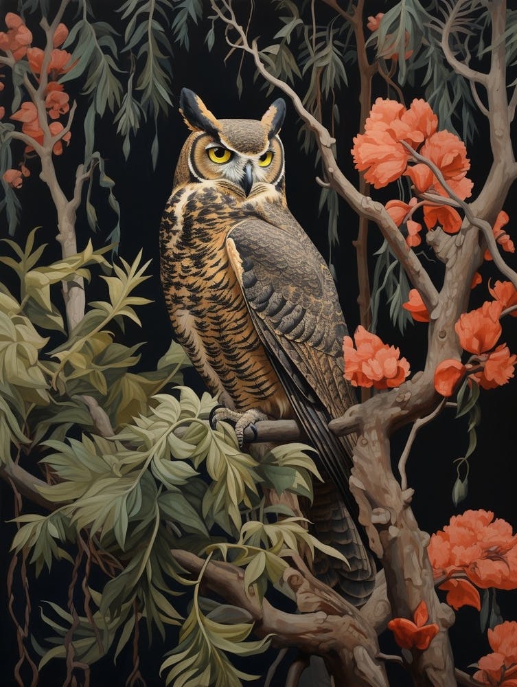 Dark And Moody Botanical Great Horned Owl 1