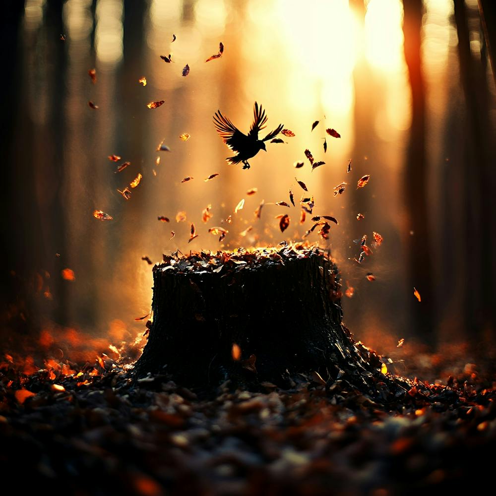 Bird Flies Over A Tree Stump