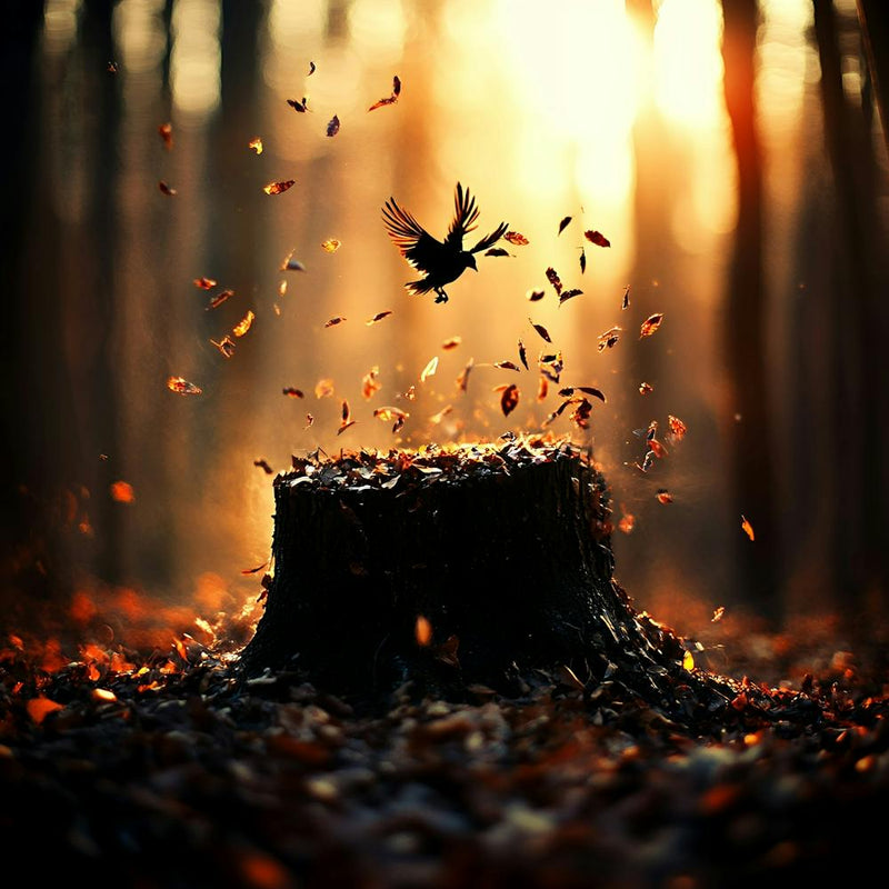 Bird Flies Over A Tree Stump