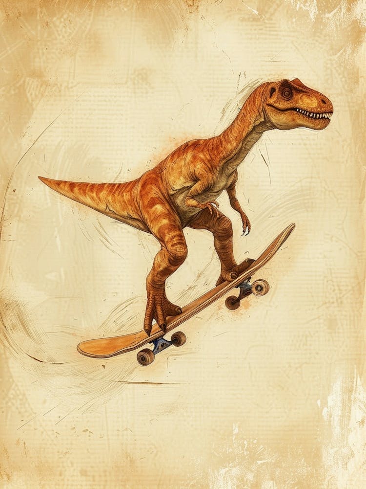 Vintage Oviraptor Dinosaur On A Skateboard 3