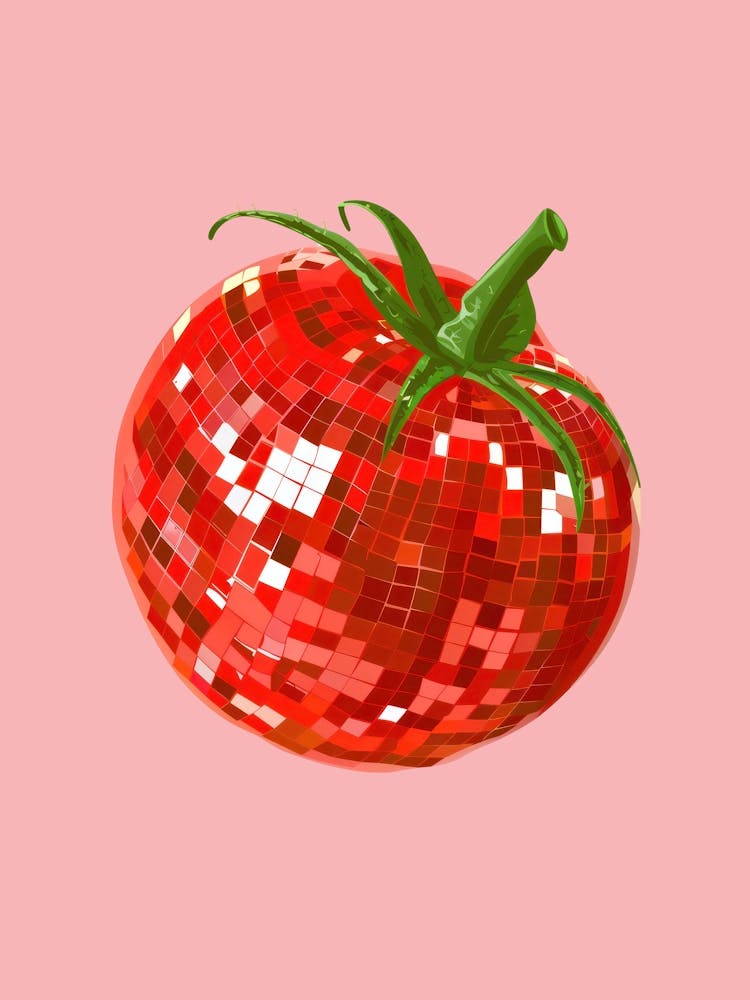 Disco Ball Tomato Pink Art Disco Poster Trendy Aesthetic Art Food Kitchen