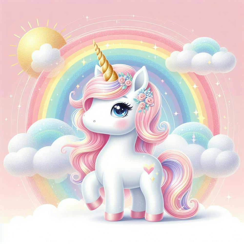 Cute Unicorn with sun and rainbow