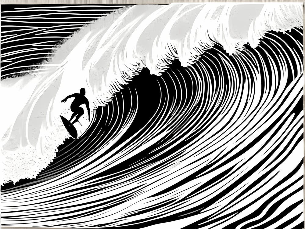 Linocut Black And White Surfer On A Wave art, surfing art, 5