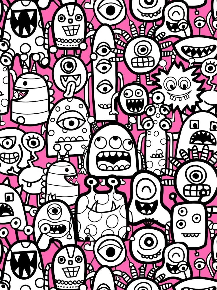 Cute Clusters of Monsters and Aliens Pink, Black and White Kids