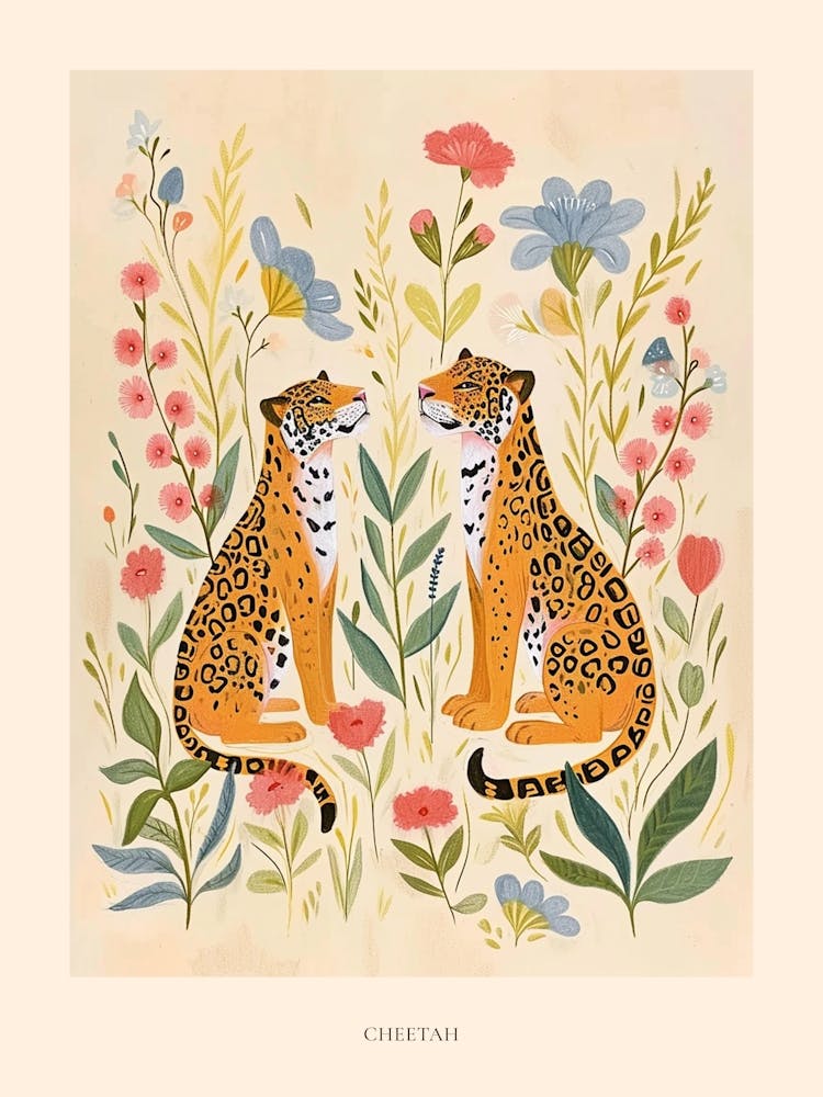 Folksy Floral Animal Drawing Cheetah 3 Poster