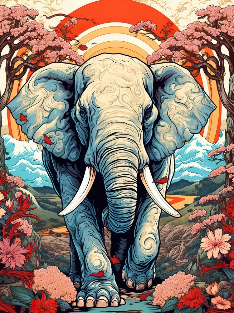 Elephant Animal Drawing In The Style Of Ukiyo E 4