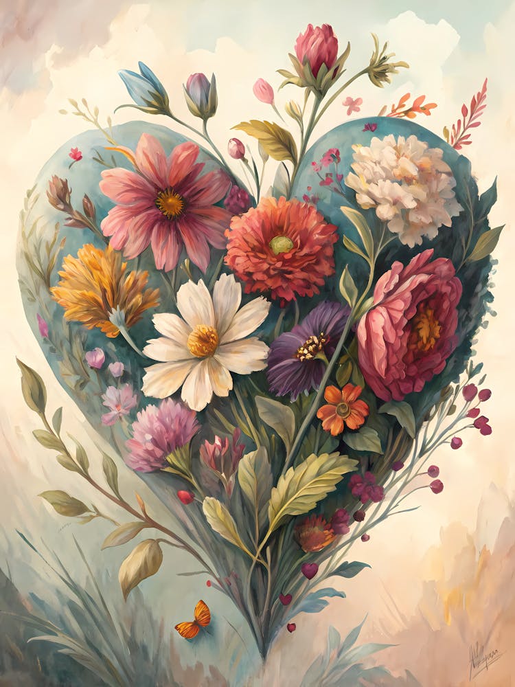 Oil Painting Style Floral Heart Shape Made