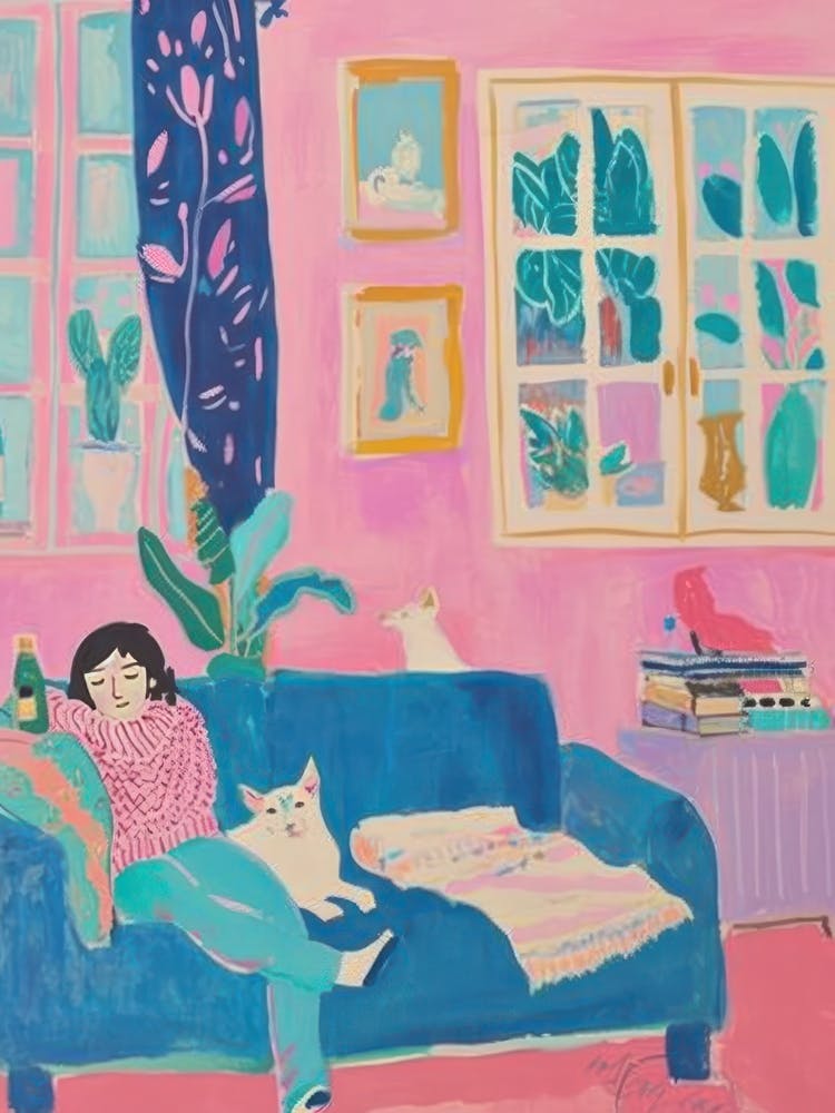 Girl In The Sofa With Pets Tv Lo Fi Kawaii Illustration 8