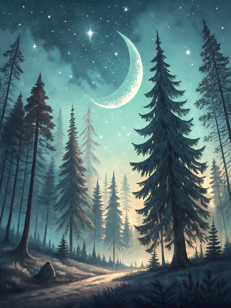 Vintage Pine Forest Under Starry Sky With Crescen
