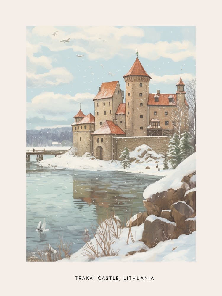 Vintage Winter Poster Trakai Castle Lithuania 1