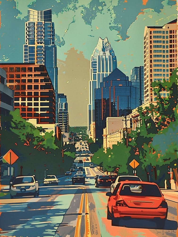 Sixth Street Austin Texas Colourful Blockprint 1