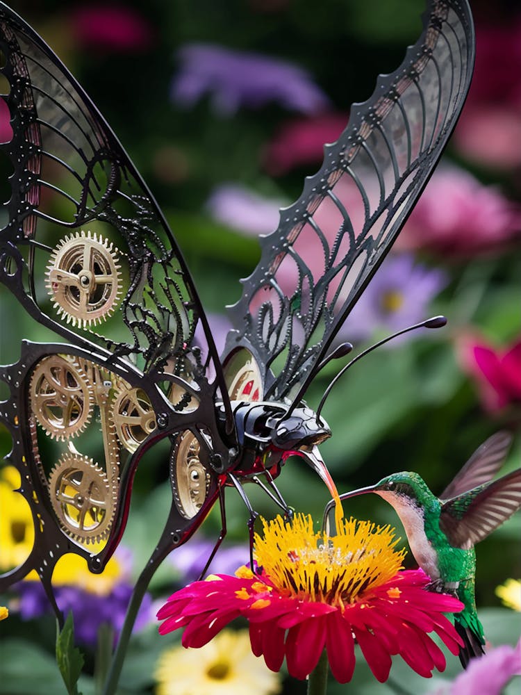 mechanical butterfly vibrant flower tiny hummingbird enchanting atmosphere
