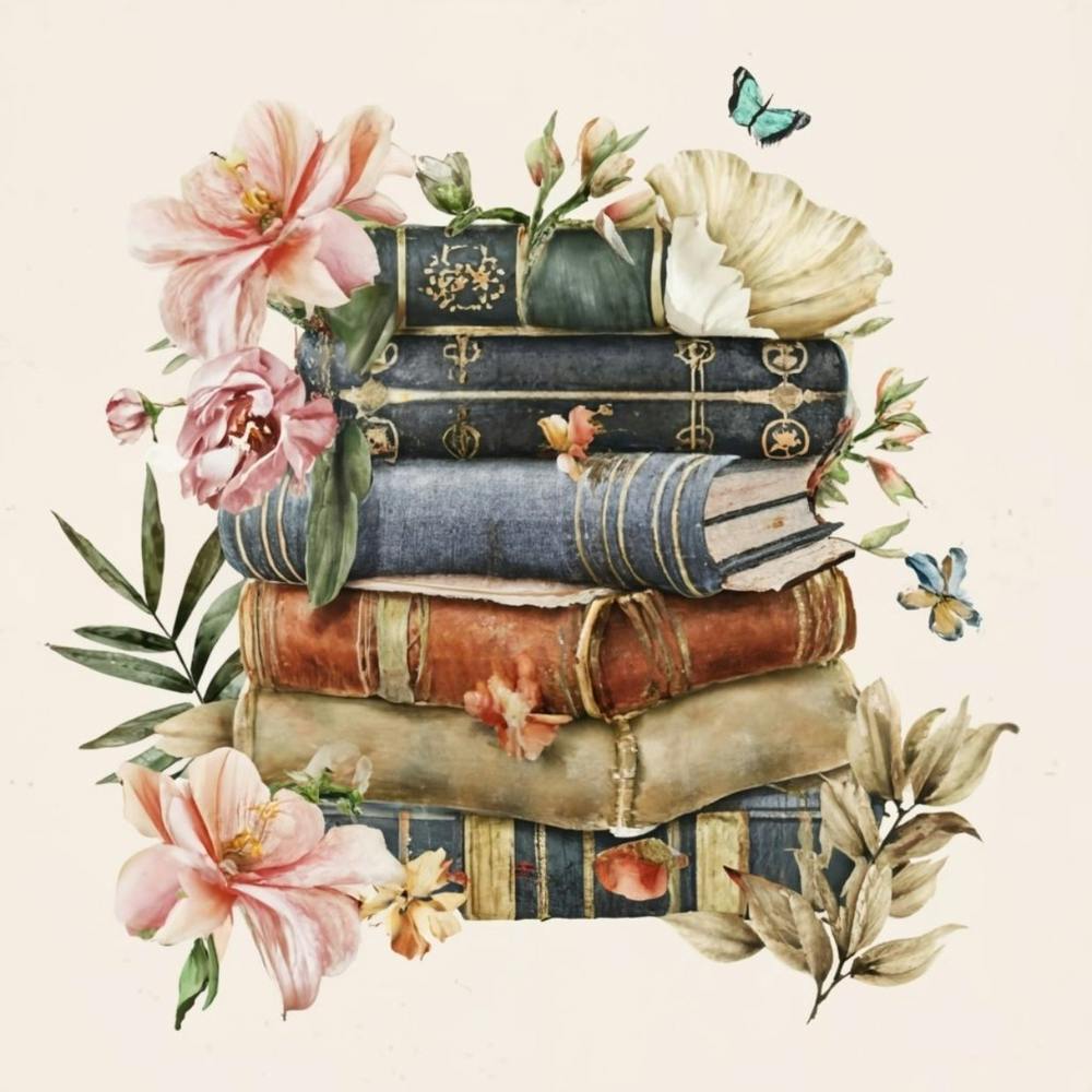 Best books and flowers on watercolor background 8