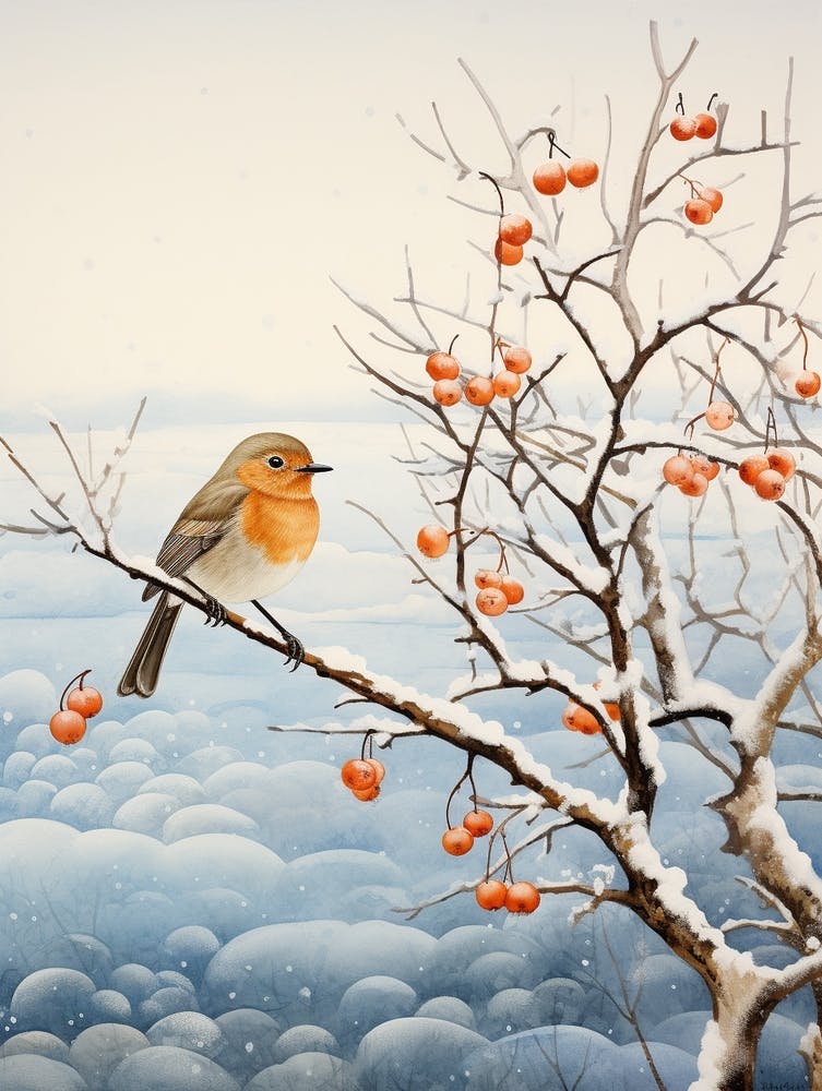 Wintervogelgemälde Rotkehlchen 3