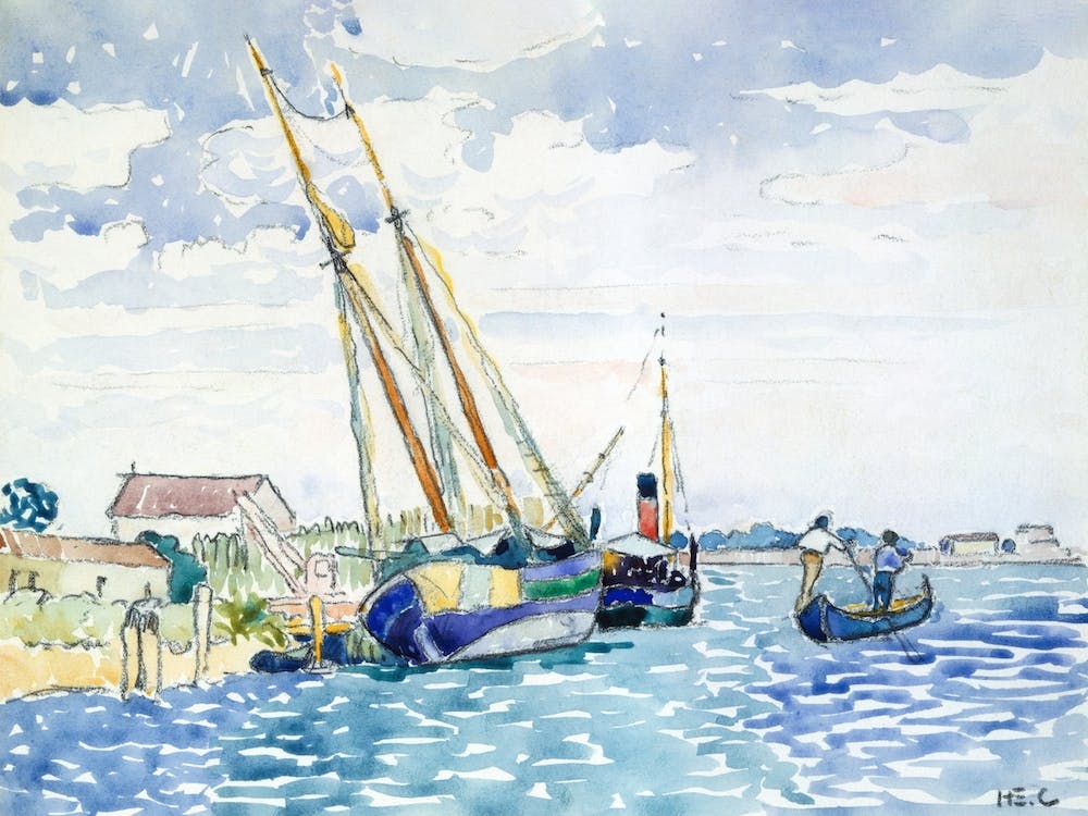 Marine Scene Boats Near Venice, Henri Edmond Cross