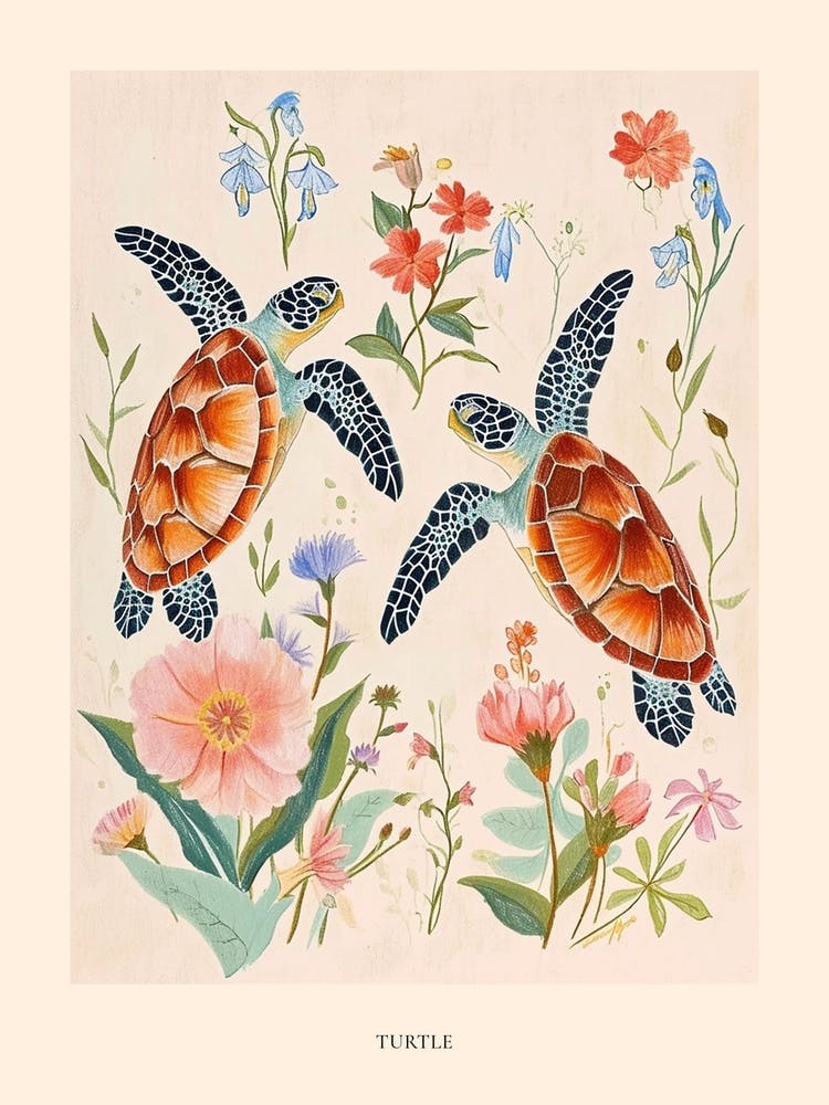 Folksy Floral Animal Drawing Turtle 1 Poster