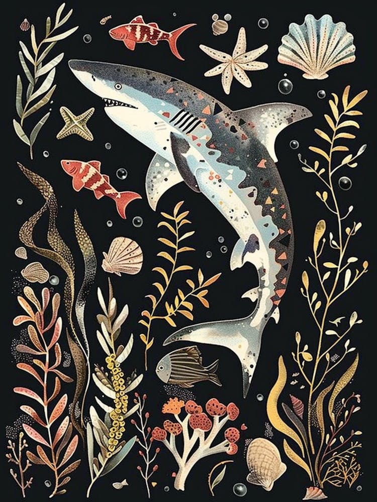 Illustration Requin-Ange Paysage Marin sur Fond Noir 2