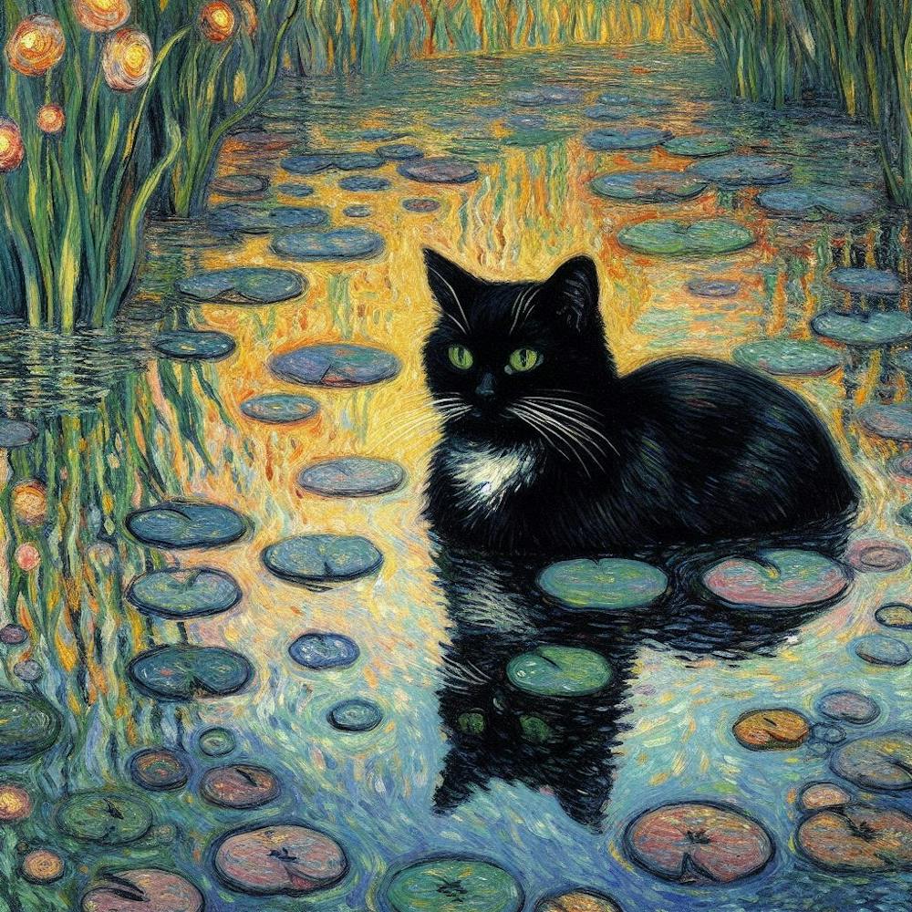 Cat In Water Lily Pond
