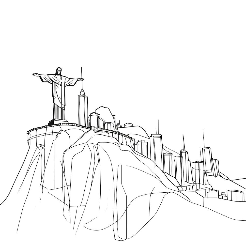 Christ The Redeemer Statue In Rio, minimalist, line art, black and white.