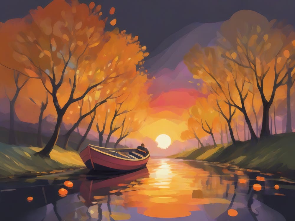 Sunset Boat On The River