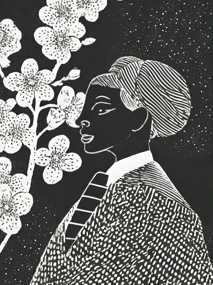 A Woman In Traditional Garb Admiring Plum Blossoms Linocut