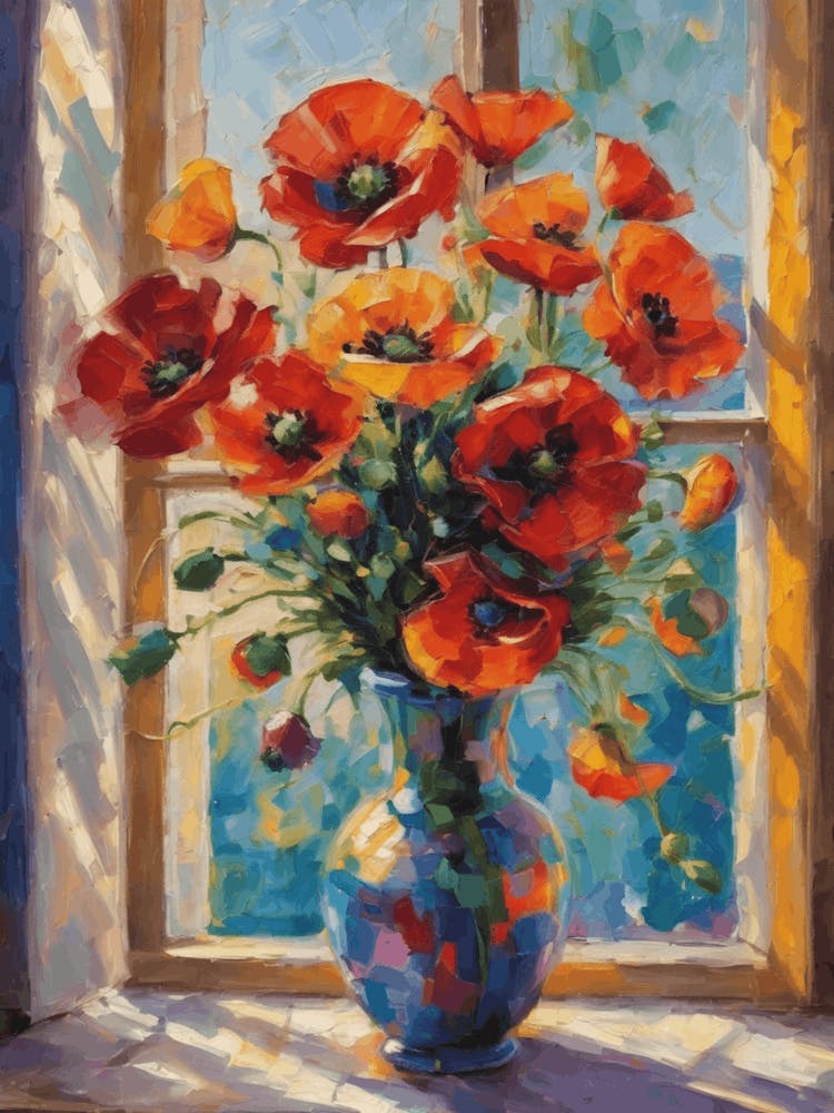 Coquelicots dans un vase près de la fenêtre dans le style de Matisse, Scène colorée vibrante, Peinture à l'huile pour mur d'accent, Haute résolution Magnifique