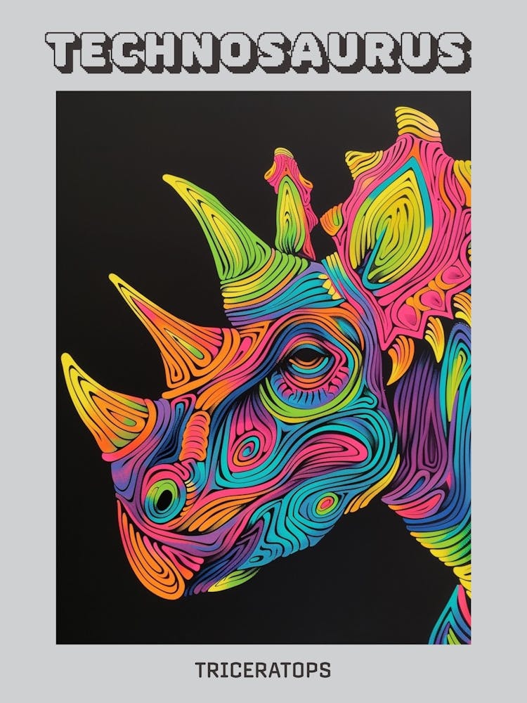 Neon Dinosaur Line Portrait Triceratops Poster