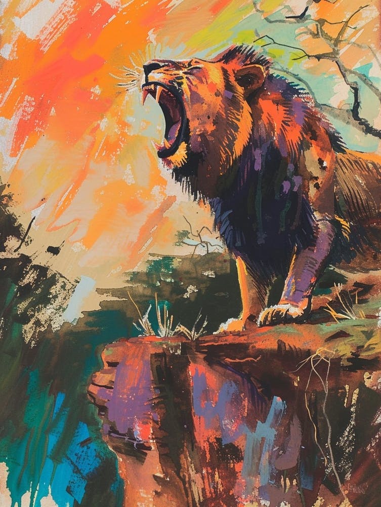 Southwest African Lion Roaring On A Cliff Fauvist Painting 3