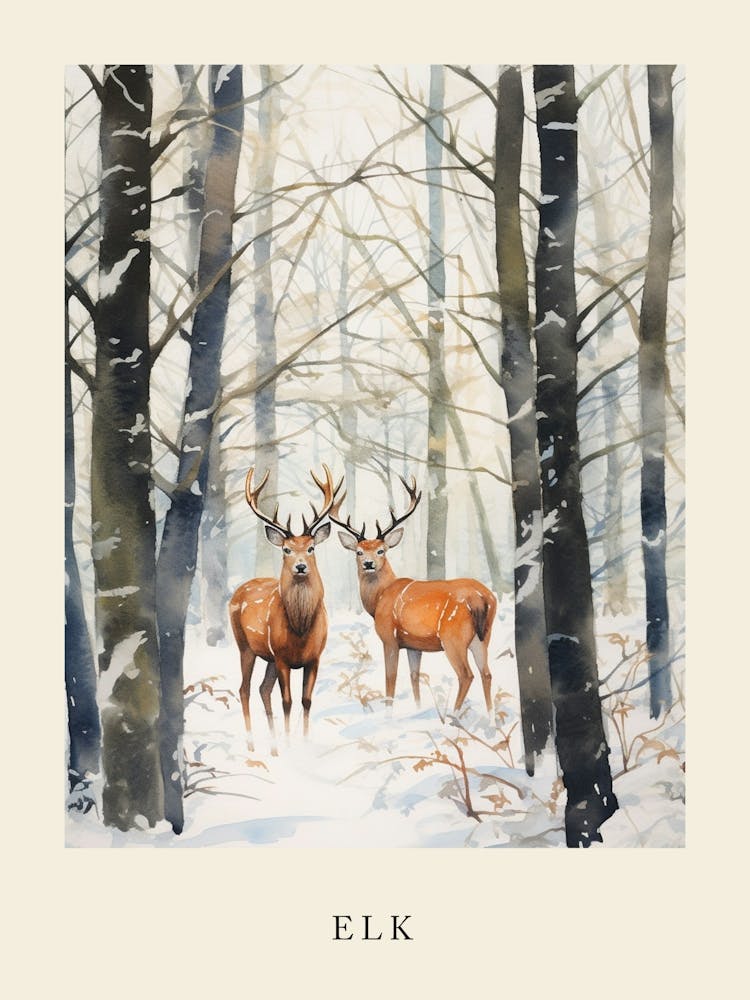 Winter Watercolour Elk Poster
