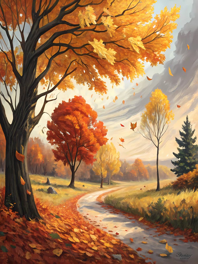 Vibrant Autumn Landscape oil Painting Scenic Fall Road with Colorful Trees and Falling Leaves