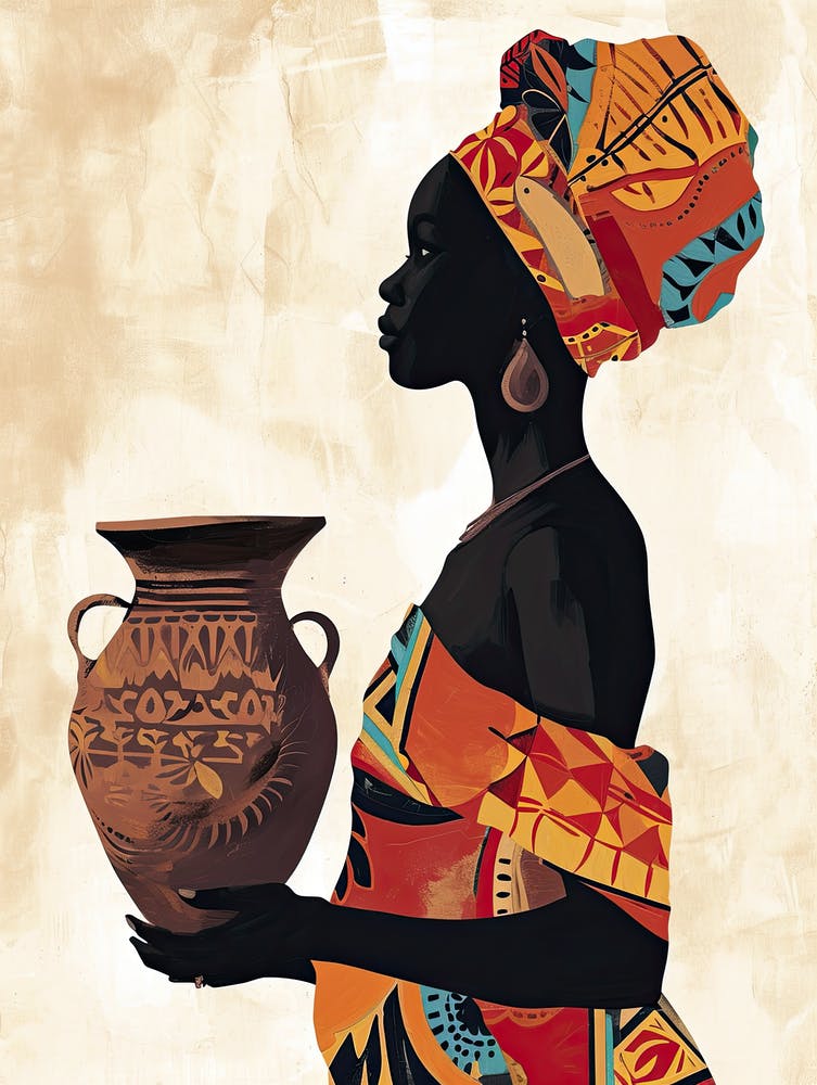 African Woman Holding Vase, Minimalism Print