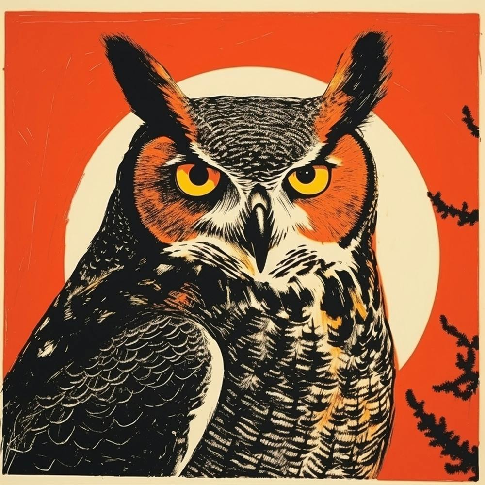 Retro Bird Lithograph Great Horned Owl 3